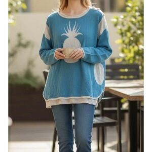 Islefield Womens Blue Pineapple Print Long Sleeve Knit Silk Wool Blend Sweater L